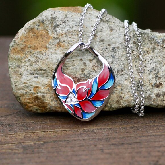 Silver Pink Enamel Flower Pendant with Cubic Zirconias, Gardening, Flowers - Picture 3 of 5